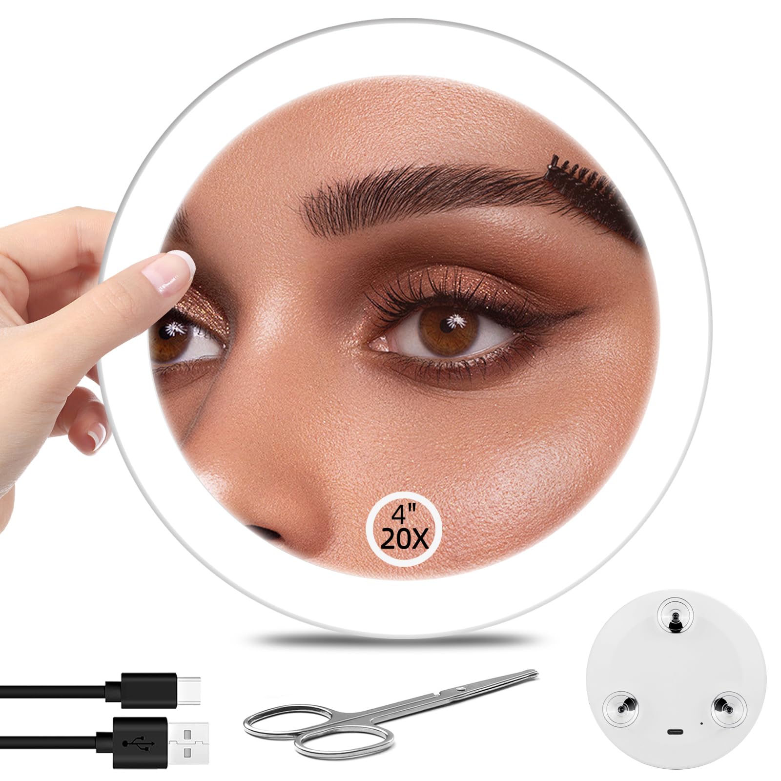 4" Small Pocket Compact Mirror with LightsLed Hand 20x Magnifying Mirror Travel Portable Round Makeup Compact Mirror Rechargeable Light up Mirror with Suction Cups Makeup Gift Idea for Erldy