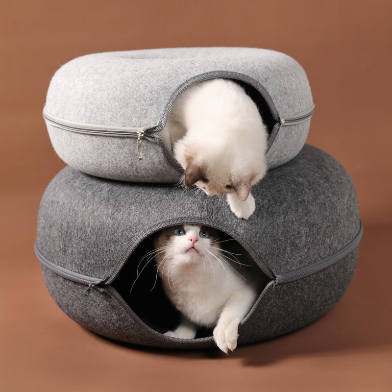 Cuccia universale per gatti in feltro di lana rotonda con tunnel (grigio)