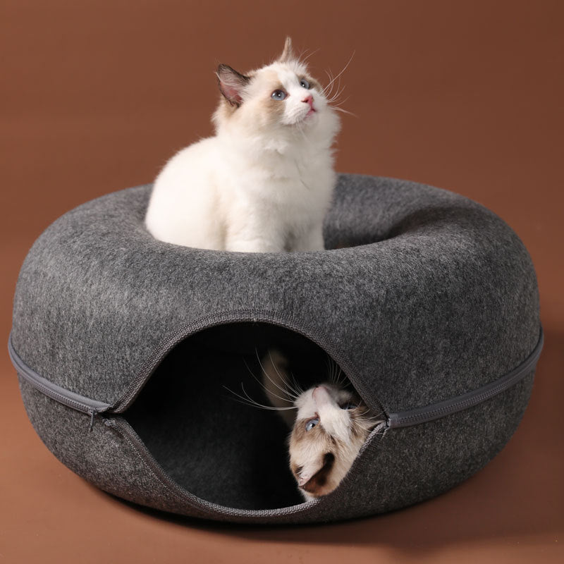 Cuccia universale per gatti in feltro di lana rotonda con tunnel (grigio)