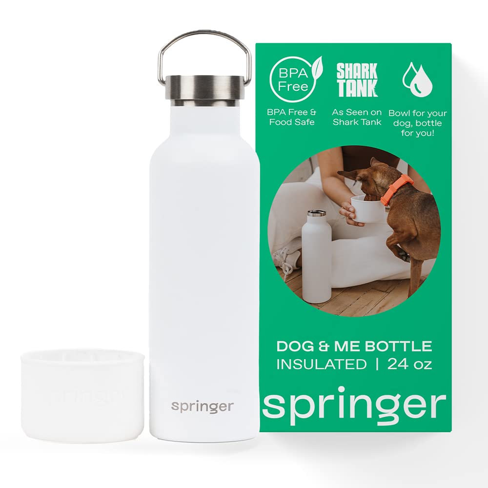 Springer Dog and Me 24oz Stainless Steel Insulated Water Bottle - Cold for 12+ Hours – Portable Dog Water Bottle with Integrated Travel Water Bowl for Dogs Portable Dog Water Bottle – White
