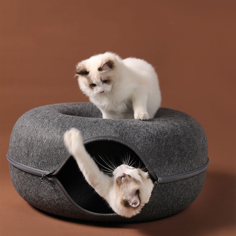 Cuccia universale per gatti in feltro di lana rotonda con tunnel (grigio)