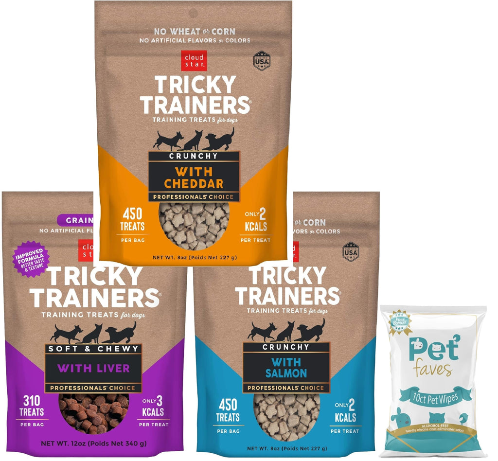 (3er-Pack) Cloud Star Tricky Trainers Knusprige, kalorienarme Hunde-Trainingsleckerlis, 396 g, Cheddar, Leber und Lachs, mit 10er-Pack Tierfeuchttüchern