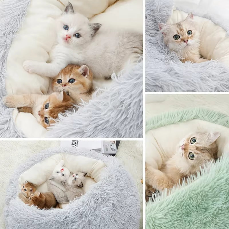Cesto per gatti rotondo 2 in 1 Invernale Peluche Letto per gatti Cuscino per gatti Cuccia per gatti Caldo Sacco a pelo per animali domestici Nido per gattini Cuccia per cani di piccola taglia Gatti