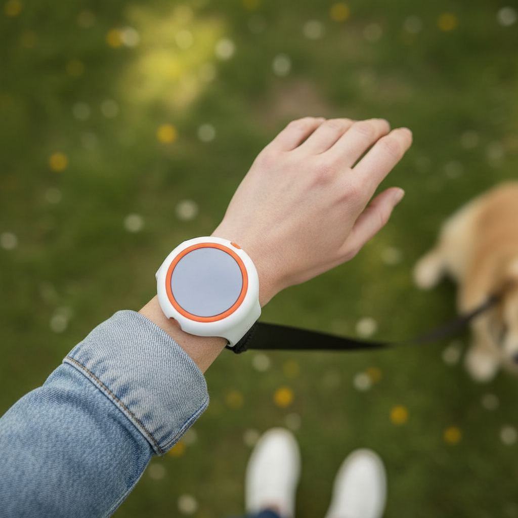 White and orange 2nd generation AIR wearable device on a white background