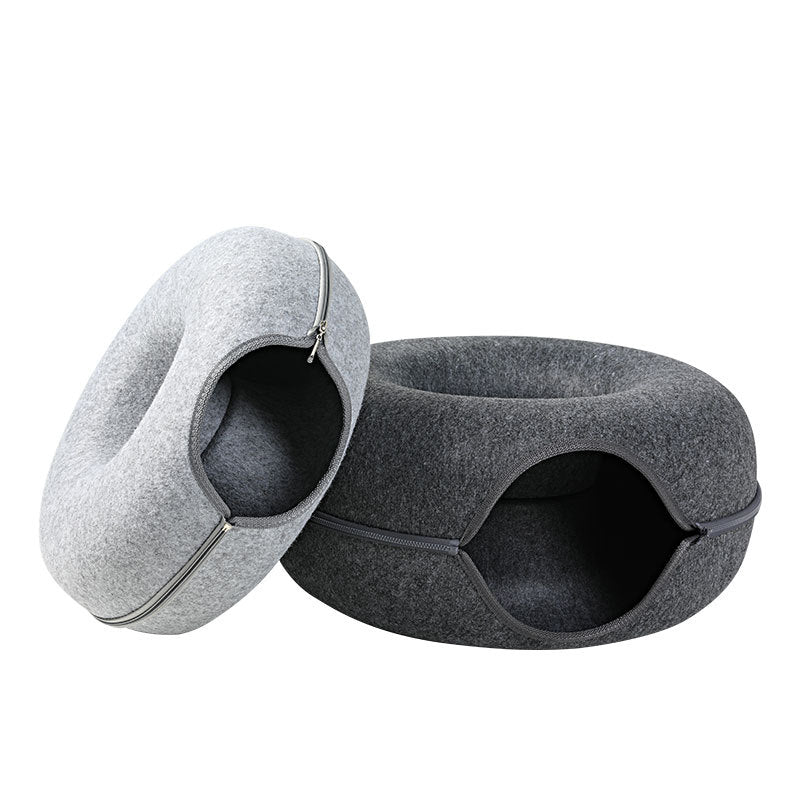 Cuccia universale per gatti in feltro di lana rotonda con tunnel (grigio)