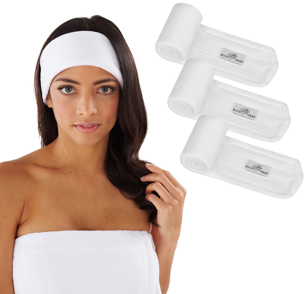 Boca Terry Fascia per Trucco 100% Cotone Regolabile da Donna in Spugna per Lavare il Viso Trattamenti Cosmetici e per la Cura della Pelle. Confezione da 3